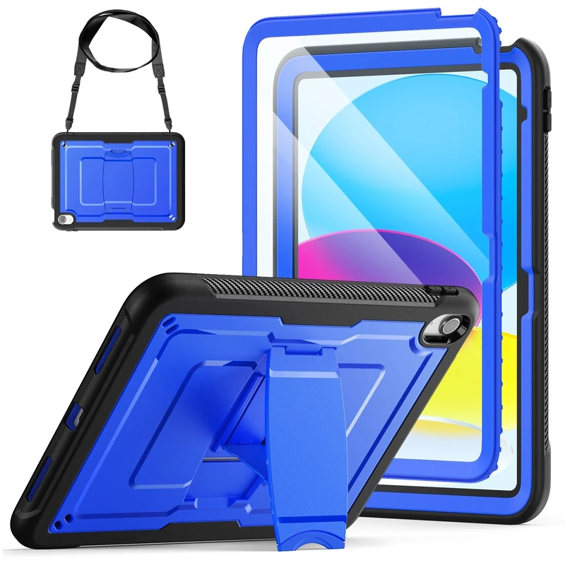 SEYMAC stock Case for iPad (A16) 11th/10th Generation 11 Inch/10.9 Inch (2025/2022), Full Body Shockproof Cover with Screen Protector, Foldable Stand & Shoulder Strap for iPad A16 Case, Blue