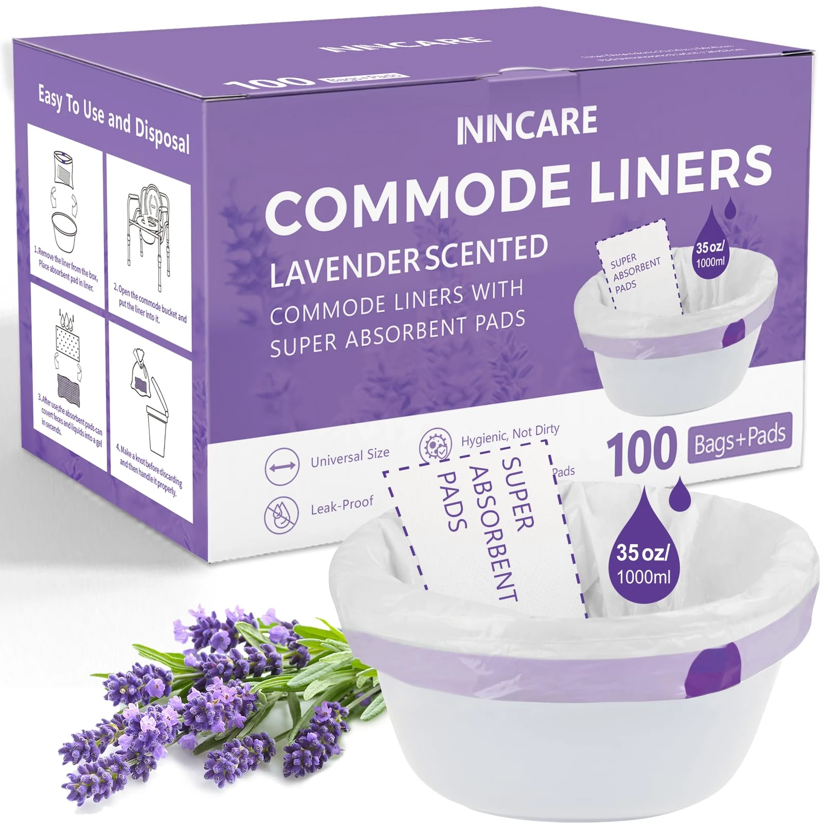 ININCARE Commode Liners with Absorbent Pads for Bedside Commode, 100 Lavender Scented Commode Liners and Pads, Potty Bags for Portable Toilet, Potty Chair Liners, Commode Toilet ＆ Bedside Commodes