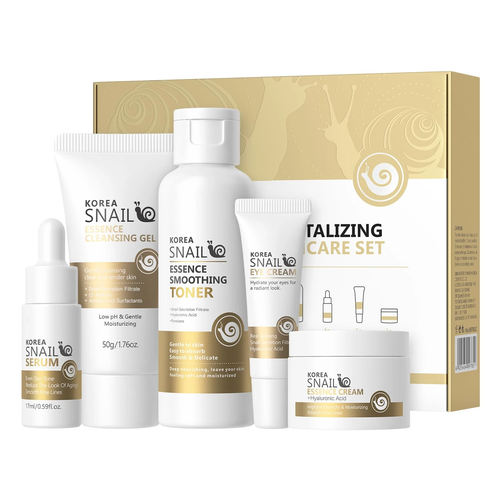 Snail Mucin Korean Skincare Set, Korean Skin Care for Teenage Girls 5PCS Snail Mucin Serum Eye Cream Cleanser Toner Moisturiser Set for Women and Men, Improve Dull Skin, Hydrating