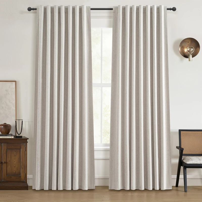 100% Blackout Curtains 80 Inch Length 2 Panels Set Farmhouse Style for Bedroom Windows/Living Room Thermal Insulated Neutral Boho Drapes Linen Blend Natural Long Hook Belt Pleated/Back Tab 50"W x 80"L