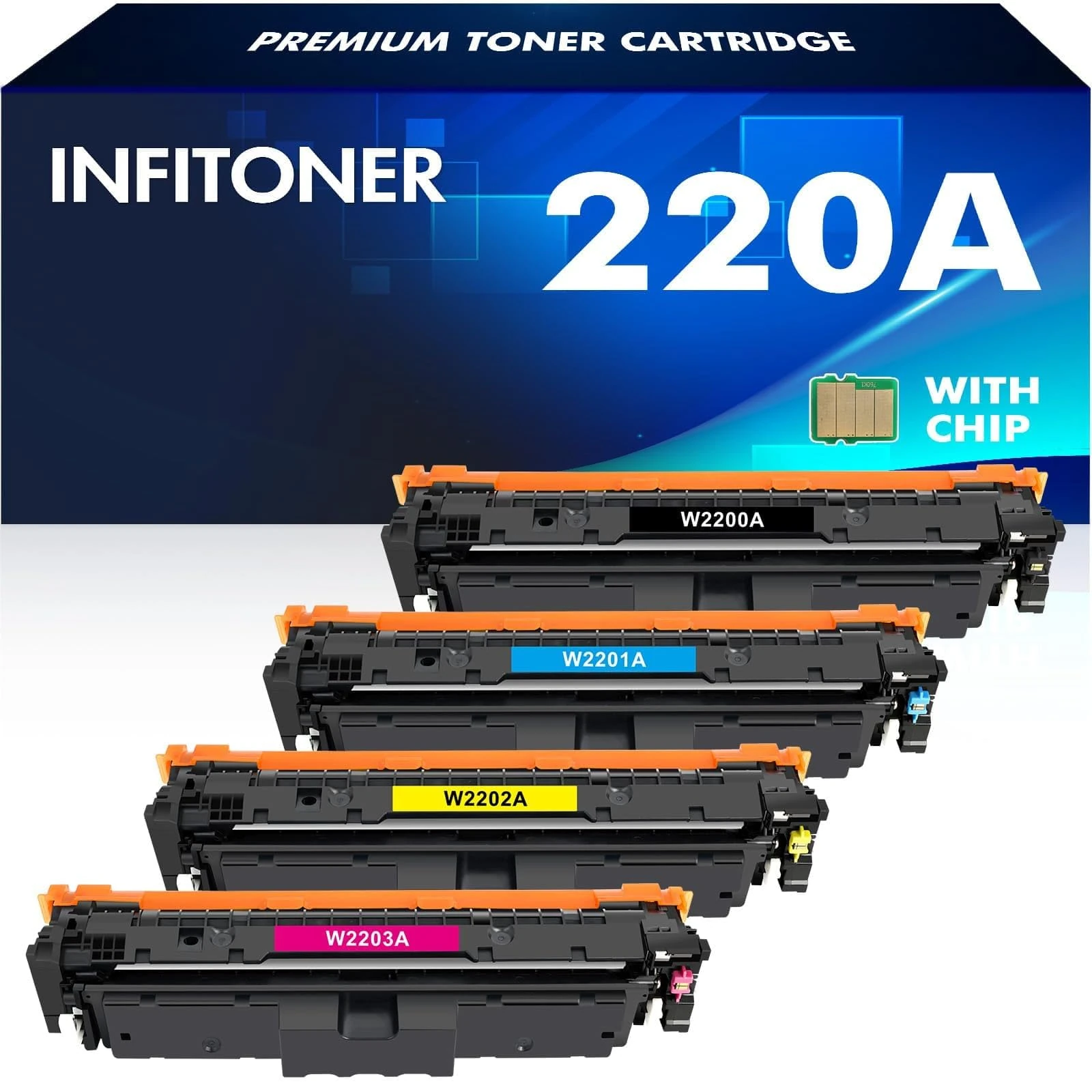 220A 220X Toner With Chip for HP 220A Toner Set Compatibel Color Laserjet Pro MFP 4302dw 4302fdw 4202dw 4202dn 4302fdn Black Cyan Yellow Magenta, W2200A W2201A W2202A W2203A, 4PK