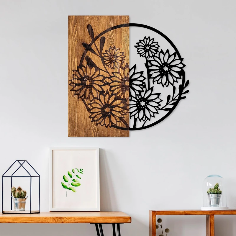 Elegant Decorative Wooden Wall Accessory, 57 x 57 cm, 100% Real Wood (3 cm) & Metal (1.5 mm), Unique Walnut & Black Finish, Perfect for Home Decor - Image 1