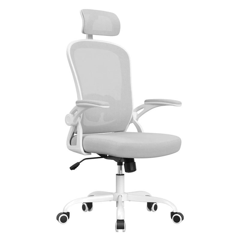 Farini Office Desk Chair with Flip-Up Armrest, High Back Ergonomic Computer Chair with Adjustable Headrest and Lumbar Support for Home and Office, White