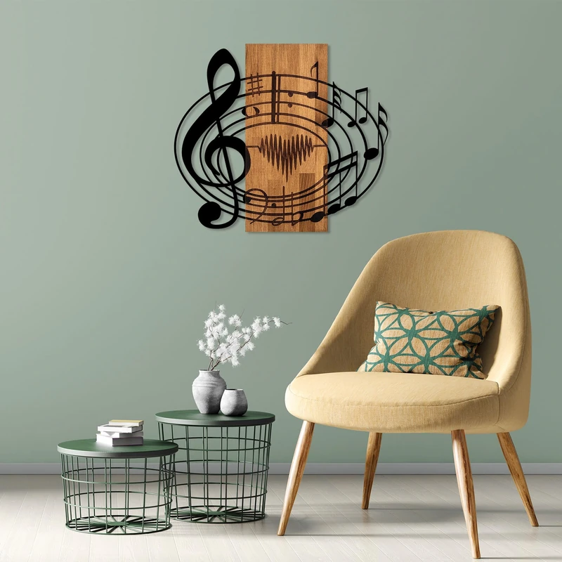 Elegant Decorative Wooden Wall Accessory, 58 x 67 cm, 50% Wood (3 cm Thick) & 50% Metal, Unique Walnut & Black Finish, Perfect for Modern Decor