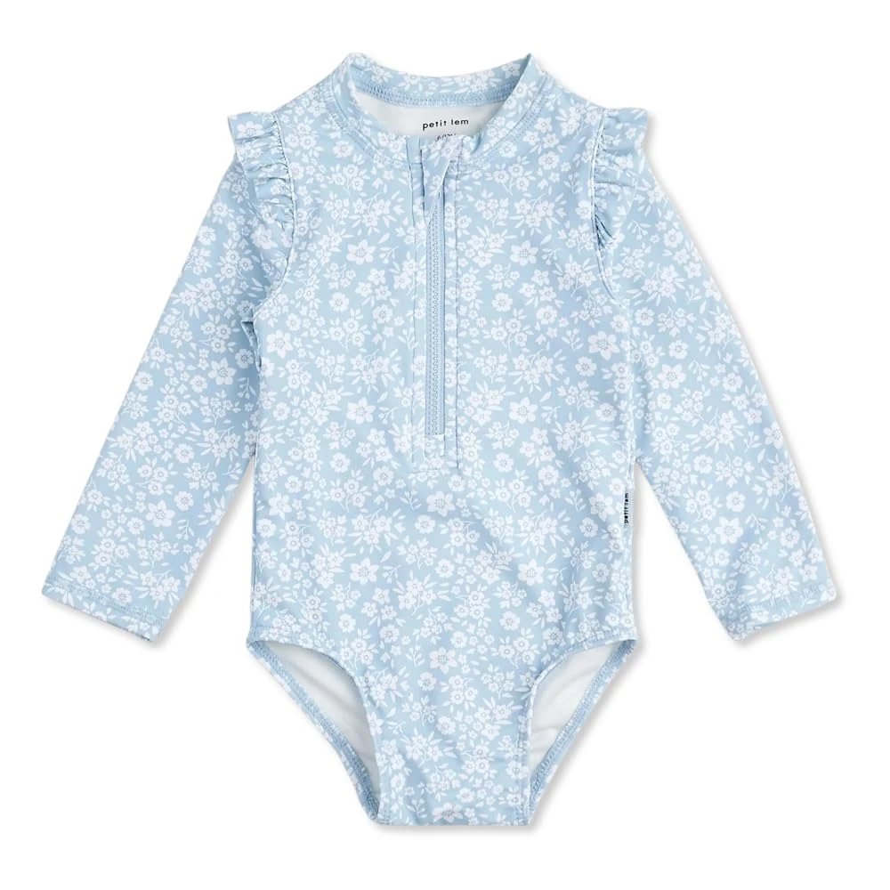 Baby Girls Long-Sleeve Swimsuit UPF50+ One Piece Swimwear Floral Print On Sky Blue Toddler Kids Bathing Suit 0-3 Months,Flower