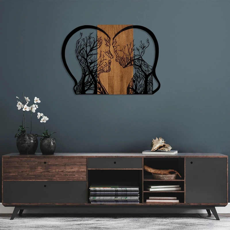 Elegant Decorative Wooden Wall Accessory, 58 x 80 cm, 50% Wood (3 cm Thick) & 50% Metal, Unique Walnut & Black Finish, Perfect for Modern Decor
