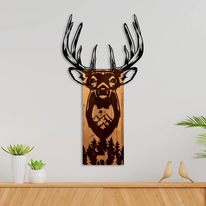 Elegant Decorative Wooden Wall Accessory, Walnut & Black, 48 x 58 x 3 cm, 50% Wood (3 cm) & 50% Metal (1.5 cm), Unique Design for Modern Spaces - Image 1