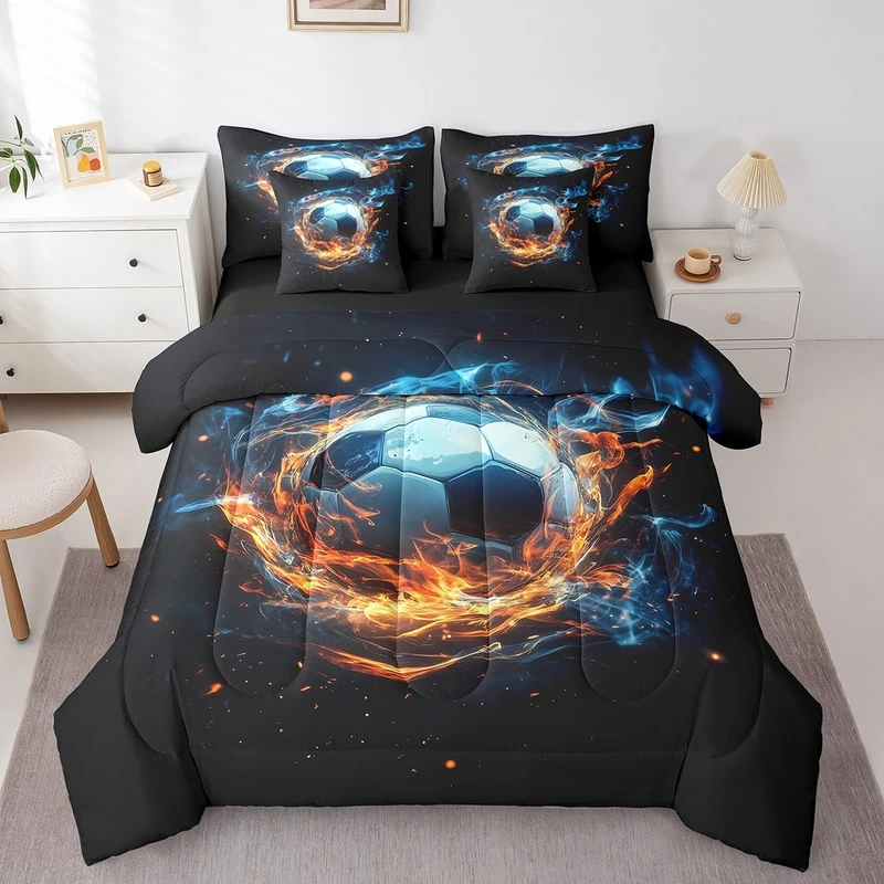 Feelyou Boys 3D Soccer Comforter Set with Sheets Twin Size 7 Pieces Kids Football Bedding Set for Girls Teens Sports Ball Gaming Theme Bed in a Bag Room Decor
