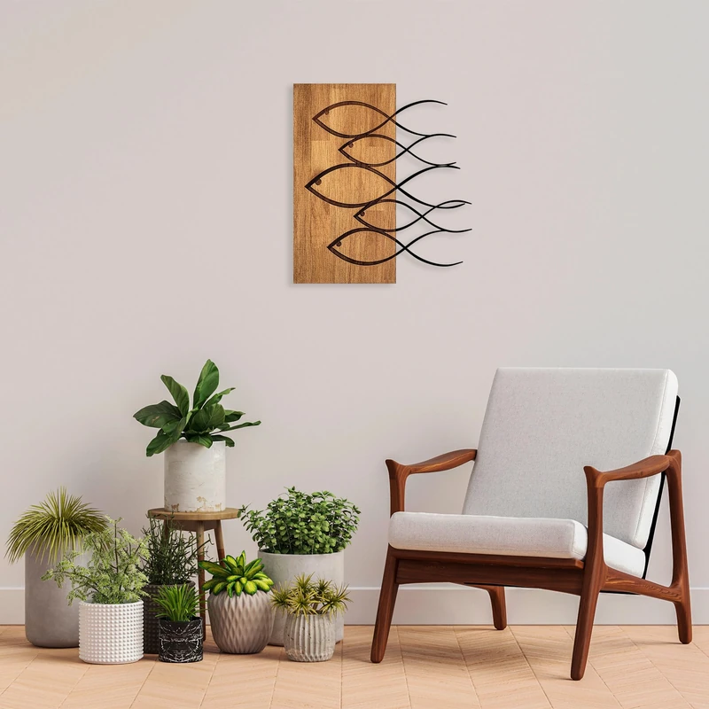 Elegant Decorative Wooden Wall Accessory, Walnut & Black, 52 x 58 cm, 50% Wood (3 cm) & Metal (1.5 mm), Unique Texture & Colour Variations