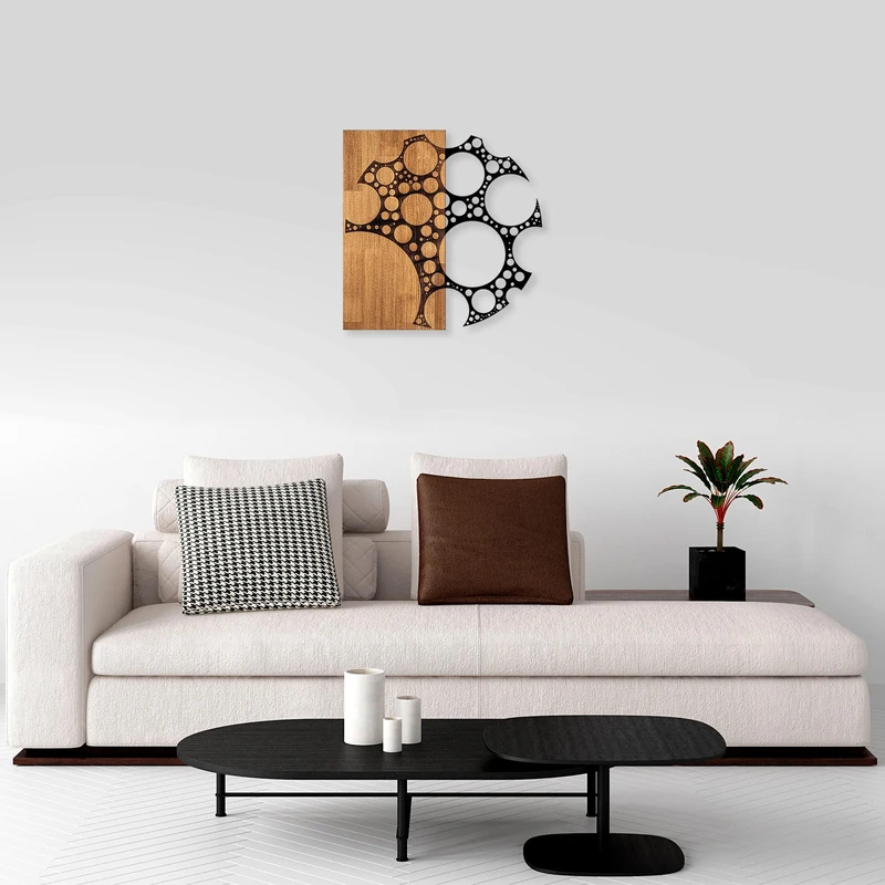 Elegant Decorative Wooden Wall Accessory, 58 x 58 cm, Walnut & Black, 50% Wood (3 cm) & Metal (1.5 mm), Unique Texture & Colour Variations - Image 1