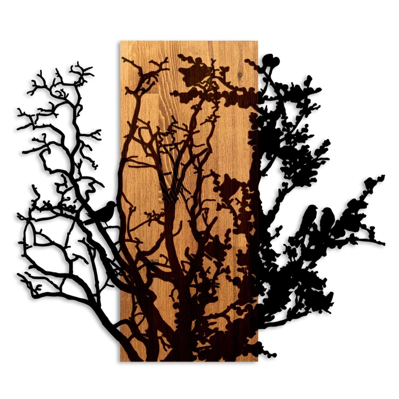 Elegant Decorative Wooden Wall Accessory, Walnut & Black, 68 x 58 x 3 cm, 50% Wood (3 cm) & 50% Metal (1.5 cm), Unique Design for Modern Spaces