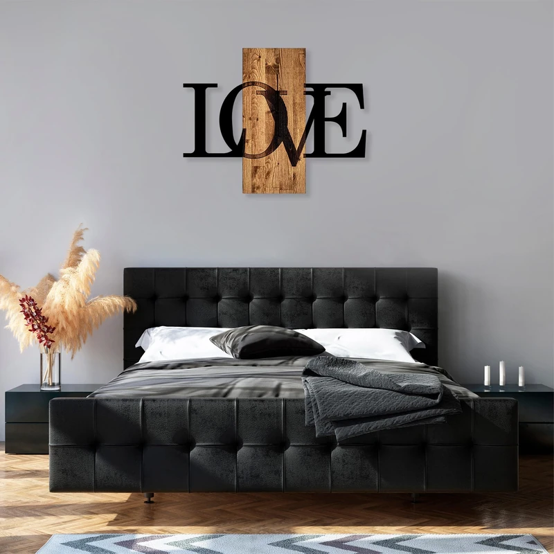 Elegant Decorative Wooden Wall Accessory, Walnut & Black, 58 x 73 cm, 50% Wood (3 cm) & Metal (1.5 mm), Unique Texture & Colour Variations