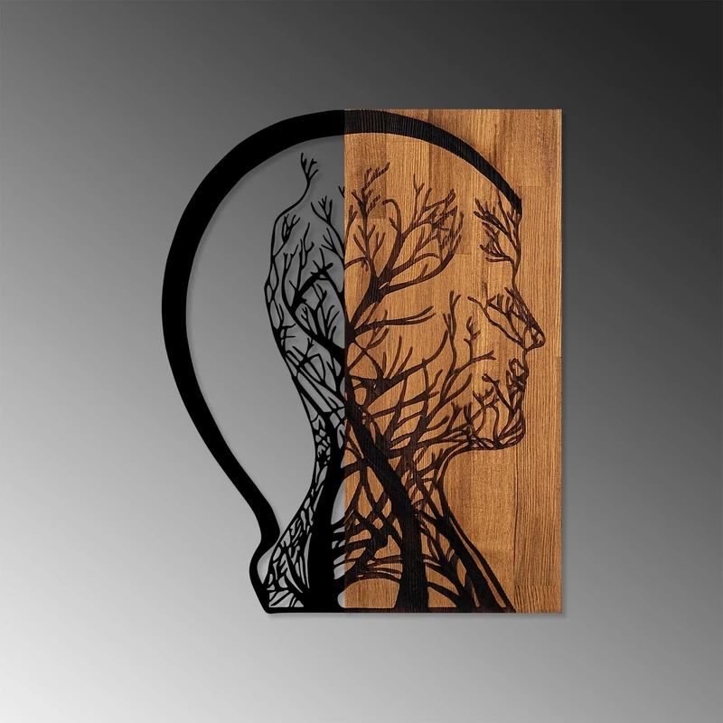 Elegant Decorative Wooden Wall Accessory, 45 x 58 cm, 50% Wood (3 cm Thick) & 50% Metal, Unique Walnut & Black Finish, Perfect for Modern Decor