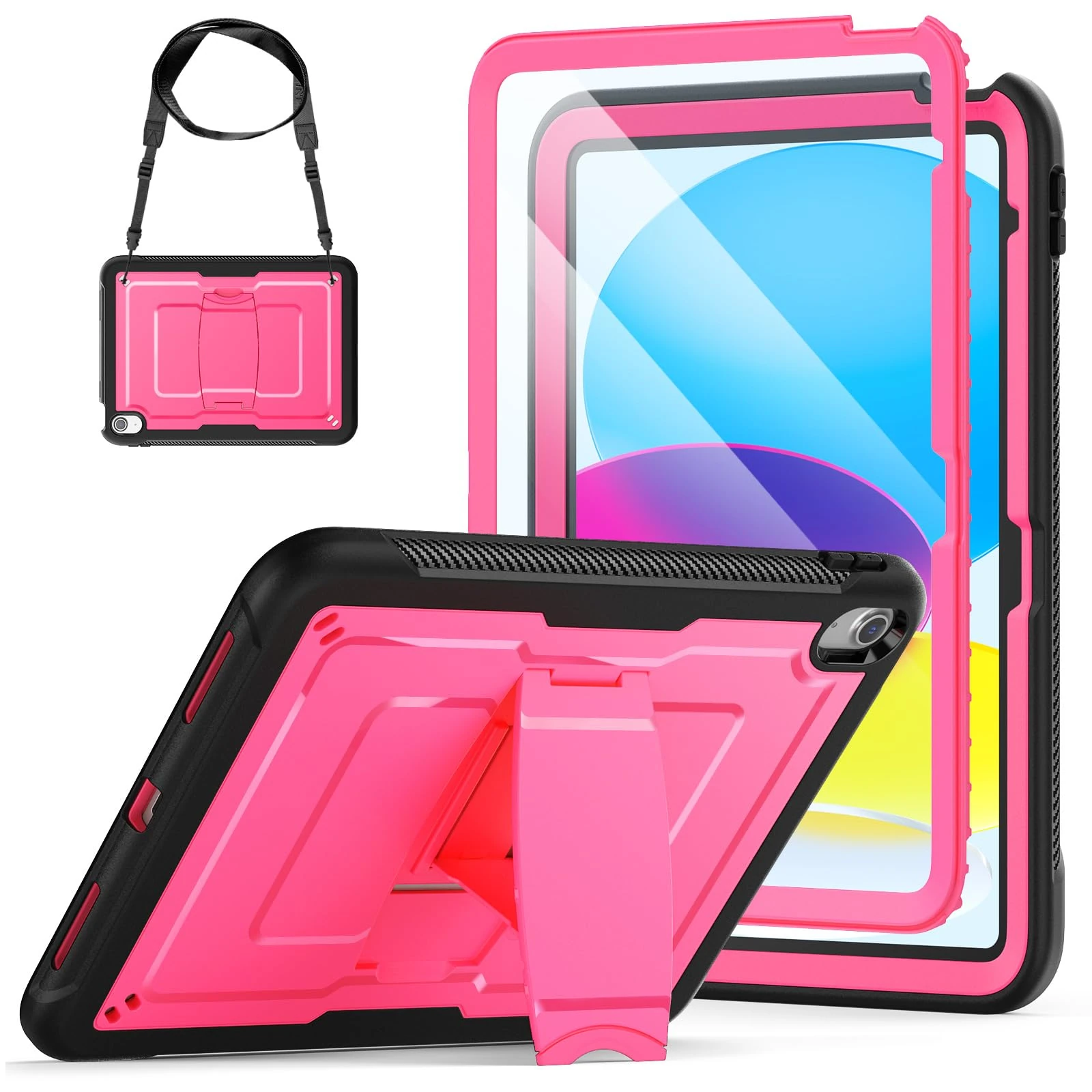 SEYMAC stock Case for iPad (A16) 11th/10th Generation 11''/10.9'' 2025/2022, Full Body Shockproof Cover with Screen Protector, Foldable Stand & Shoulder Strap for iPad 11 inch A16/10.9 inch, Pink