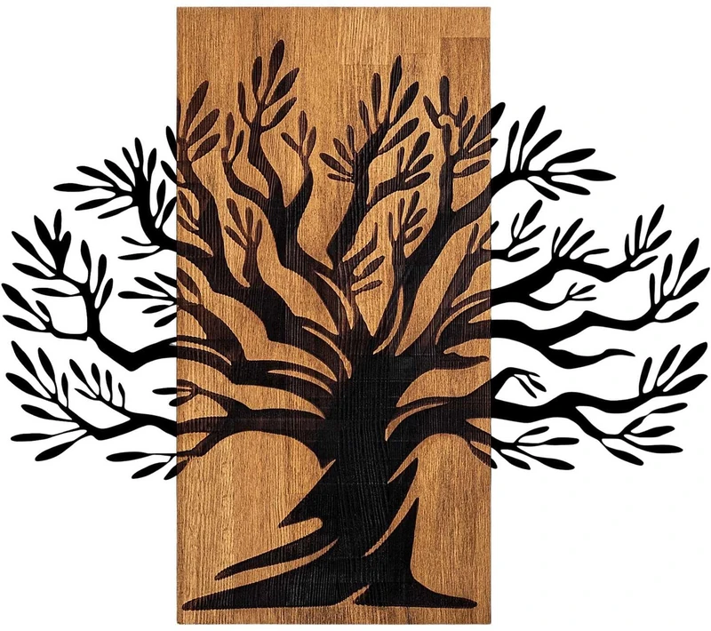 Elegant Decorative Wooden Wall Accessory, 58 x 67 cm, 50% Wood (3 cm Thick) & 50% Metal, Unique Walnut & Black Finish, Perfect for Modern Decor