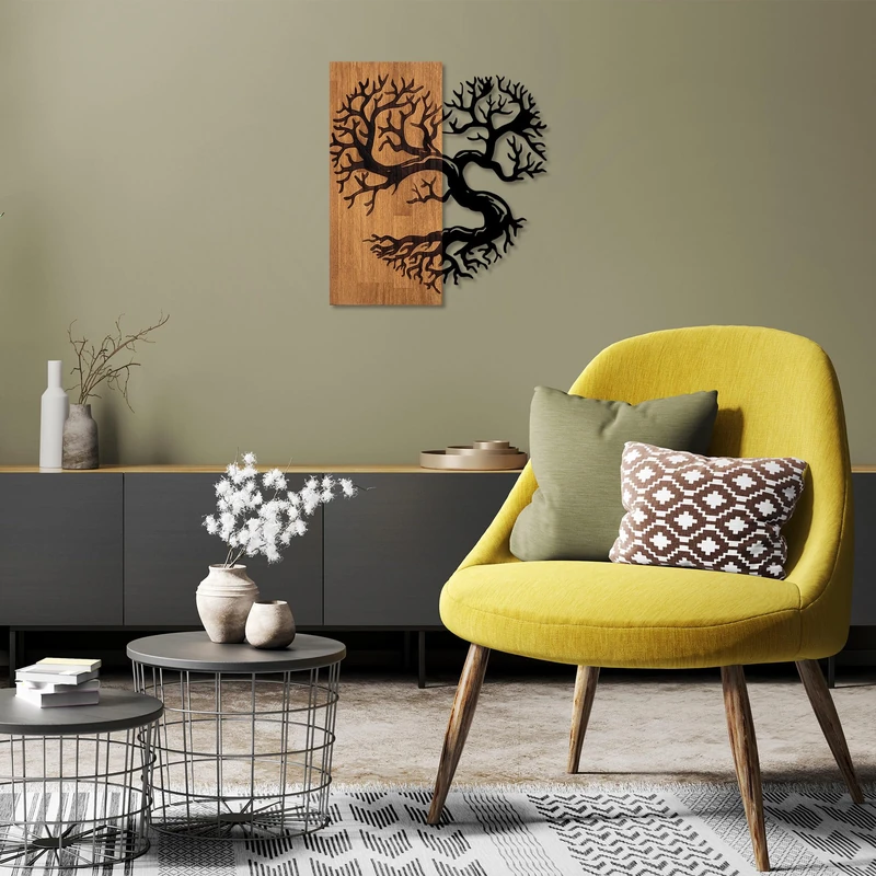 Elegant Decorative Wooden Wall Accessory, 58 x 58 cm, 50% Wood (3 cm Thick) & 50% Metal, Unique Walnut & Black Finish, Perfect for Modern Decor