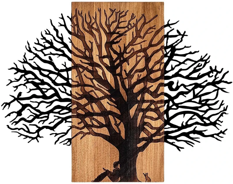 Elegant Decorative Wooden Wall Accessory, 58 x 75 cm, Walnut & Black, 50% Wood (3 cm) & Metal (1.5 mm), Unique Texture & Colour Variations