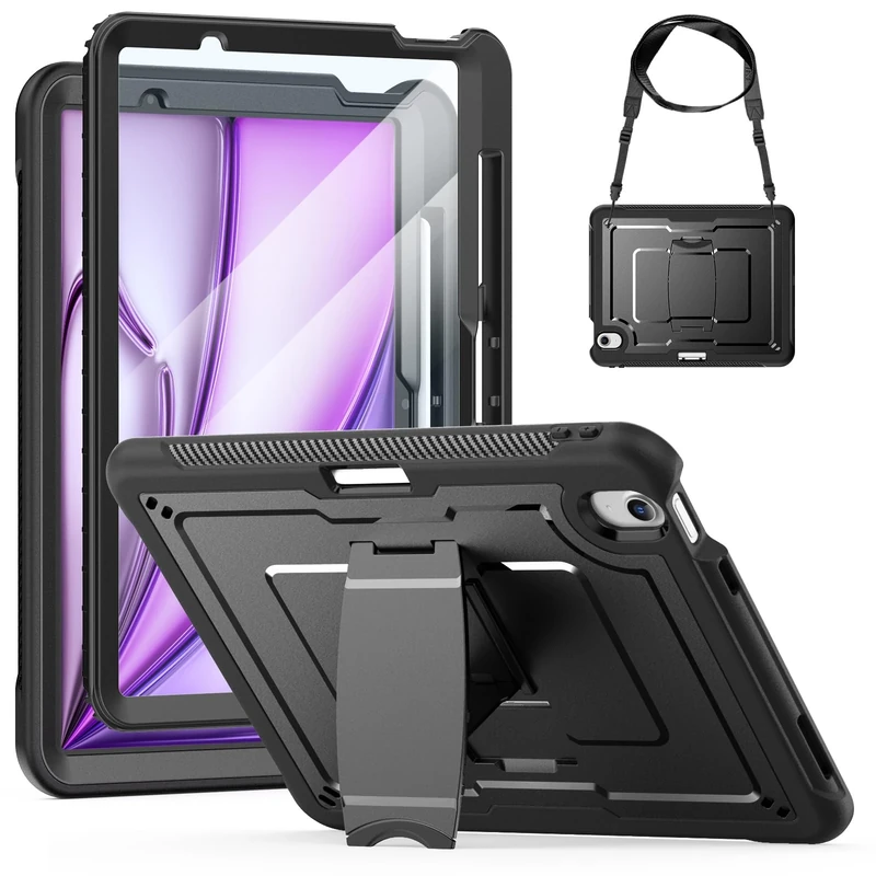 SEYMAC stock Case for iPad Air 11 inch (M3/M2, 2025/2024), Full Body Shockproof Cover with Screen Protector, Pencil Holder, Foldable Stand & Shoulder Strap for iPad Air 11 Case, Black