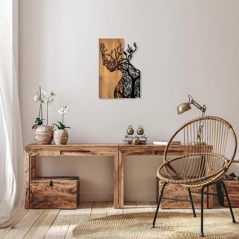 Stylish Decorative Wooden Wall Accessory, Black & Walnut, 41 x 3 x 58 cm, 50% Wood (3 cm) & 50% Metal (1.5 mm), Unique Design for Home Decor - Image 1