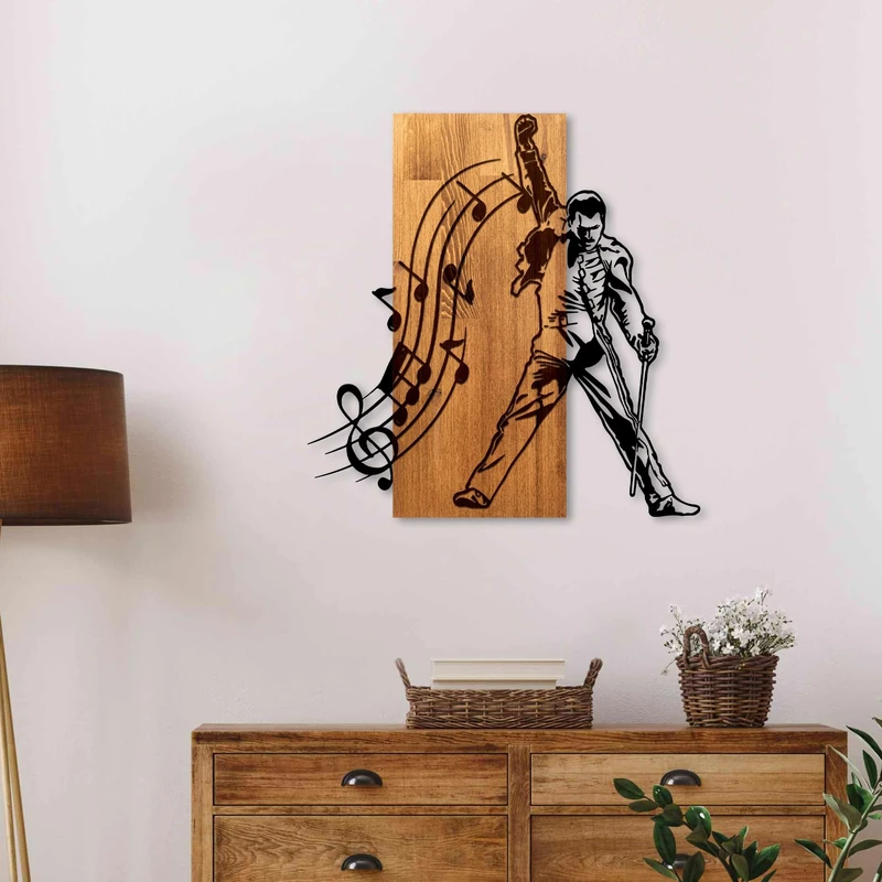 Elegant Decorative Wooden Wall Accessory, Walnut & Black, 55 x 58 x 3 cm, 50% Wood (3 cm) & 50% Metal (1.5 cm), Unique Design for Modern Spaces