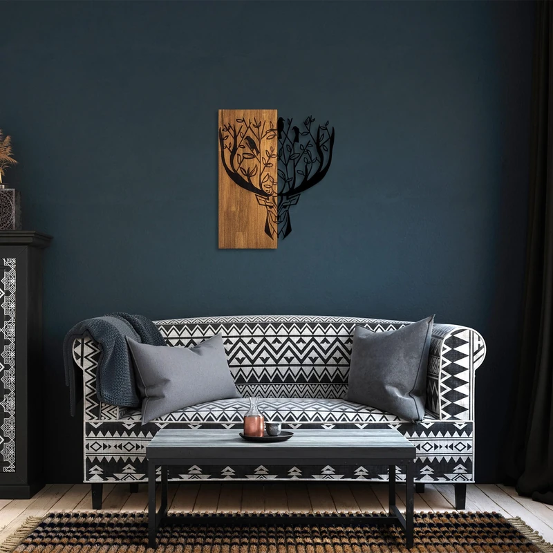 Elegant Decorative Wooden Wall Accessory, Walnut & Black, 49 x 58 cm, 50% Wood (3 cm Thick) & 50% Metal, Unique Colour Variations for Stylish Home Decor