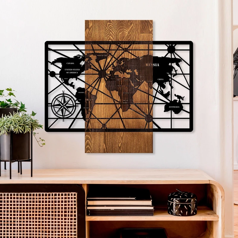 Elegant Decorative Wooden Wall Accessory, 57 x 63 cm, 100% Real Wood (3 cm) & Metal (1.5 mm), Unique Walnut & Black Finish, Perfect for Home Decor - Image 1