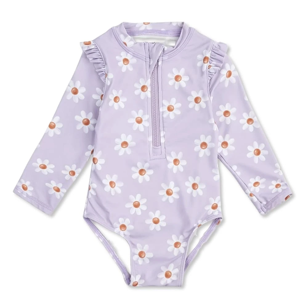 Gifts Treat Baby Girls Long-Sleeve Swimsuit UPF50+ One Piece Swimwear Daisy Print On Lavender Toddler Kids Bathing Suit 0-3 Months,Daisy