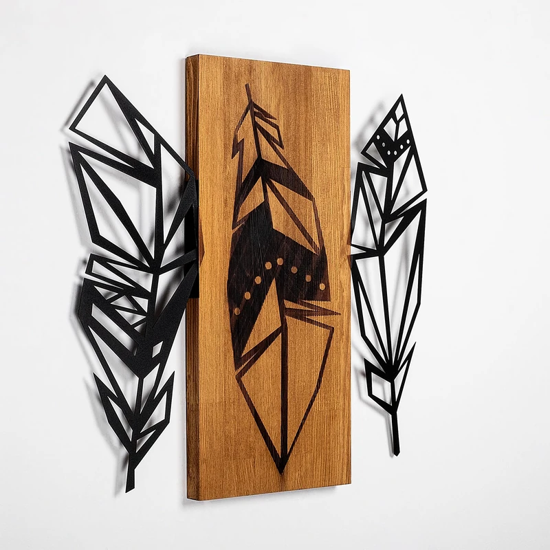 Elegant Decorative Wooden Wall Accessory, 58 x 59 cm, 50% Wood (3 cm Thick) & 50% Metal, Unique Walnut & Black Finish, Perfect for Modern Decor
