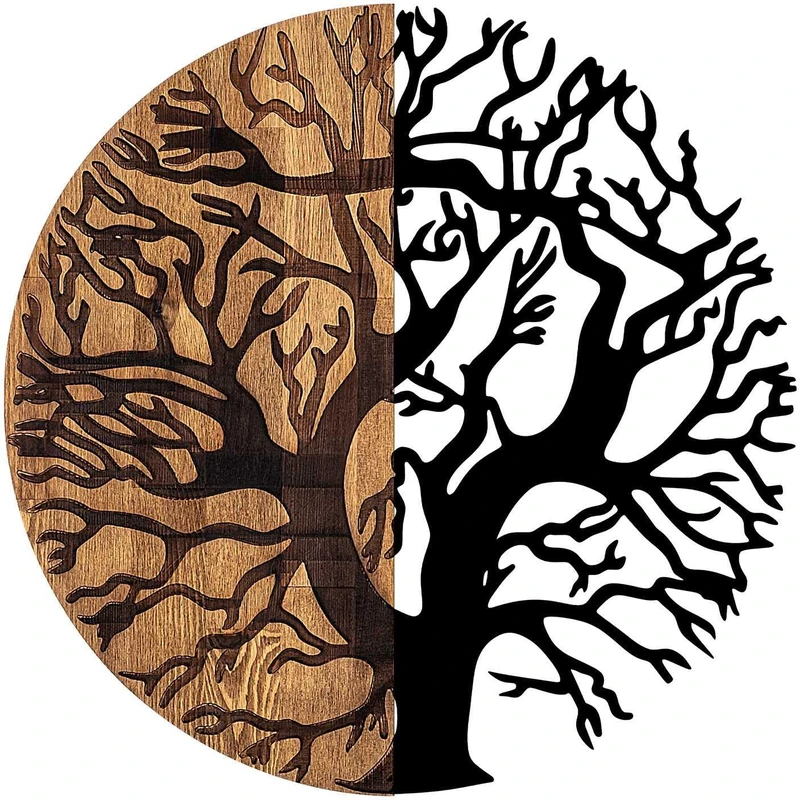 Elegant Decorative Wooden Wall Accessory, 56 cm Diameter, 50% Wood (3 cm) & 50% Metal (1.5 mm), Black & Walnut Finish, Unique Colour Variations - Image 1