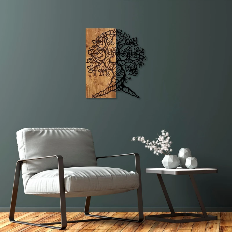 Elegant Decorative Wooden Wall Accessory, 50 x 58 cm, 50% Wood (3 cm Thick) & 50% Metal, Unique Walnut & Black Finish, Perfect for Modern Decor - Image 1