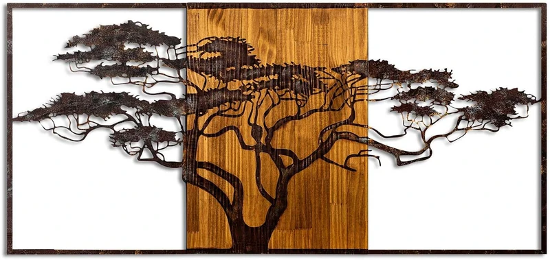 Hand-Painted Decorative Wooden Wall Accessory, 147 x 70 x 3 cm, 100% Solid Wood (3 cm) & Metal (1.5 mm), Unique Design with Natural Variations