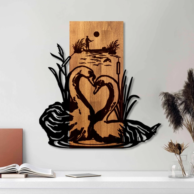 Elegant Decorative Wooden Wall Accessory, Walnut & Black, 57 x 58 x 3 cm, 50% Wood (3 cm) & 50% Metal (1.5 cm), Unique Design for Stylish Interiors