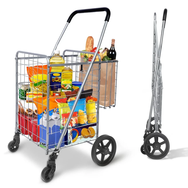 Whitmor Utility Folding Shopping Cart, Metal Stainless Steel Iron, Sliver