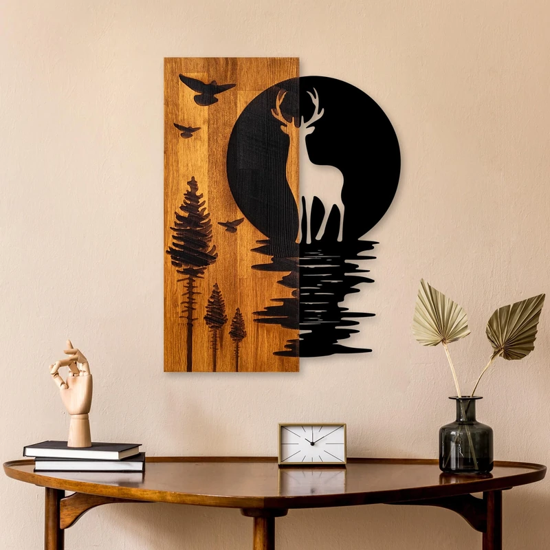 Elegant Decorative Wooden Wall Accessory, Walnut & Black, 43 x 58 x 3 cm, 100% Wood (3 cm) & Metal (1.5 mm), Unique Design for Stylish Home Decor - Image 1