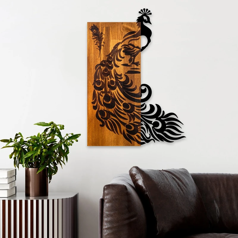 Elegant Decorative Wooden Wall Accessory, Walnut & Black, 47 x 65 x 3 cm, 100% Wood (3 cm) & Metal (1.5 mm), Unique Design for Stylish Home Decor