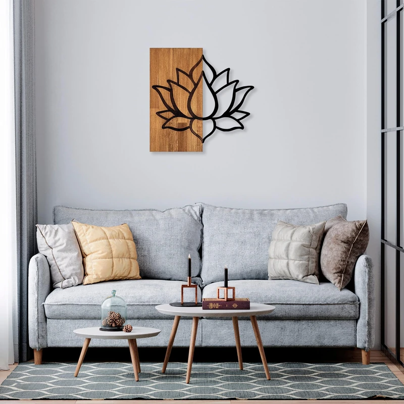 Elegant Decorative Wooden Wall Accessory, Walnut & Black, 58 x 60 cm, 50% Wood (3 cm) & Metal (1.5 mm), Unique Texture & Colour Variations - Image 1