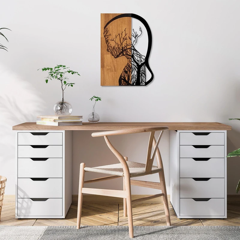 Elegant Decorative Wooden Wall Accessory, Walnut & Black, 43 x 58 cm, 50% Wood (3 cm Thick) & 50% Metal, Unique Colour & Texture Variations for Stylish Home Decor - Image 1