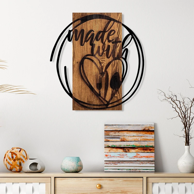 Elegant Decorative Wooden Wall Accessory, 55 x 57 cm, 100% Real Wood (3 cm) & Metal (1.5 mm), Unique Walnut & Black Finish, Perfect for Home Decor
