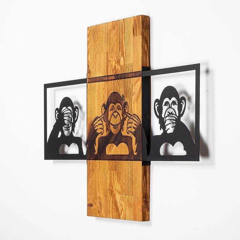 Elegant Decorative Wooden Wall Accessory, Walnut & Black, 58 x 71 cm, 50% Wood (3 cm) & Metal (1.5 mm), Unique Texture & Colour Variations