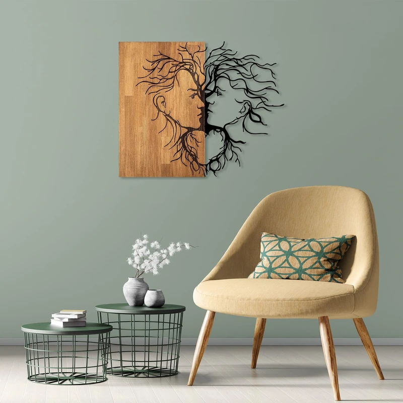 Stylish Decorative Wooden Wall Accessory, Black & Walnut, 96 x 3 x 79 cm, 50% Wood (3 cm) & 50% Metal (1.5 mm), Unique Design for Modern Spaces