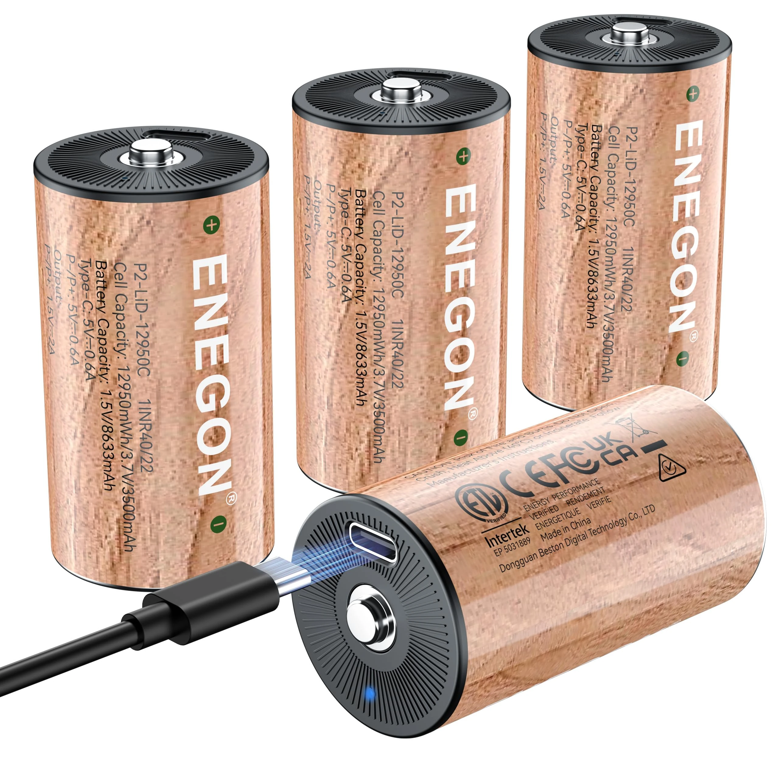 ENEGON Rechargeable Lithium D Batteries 4 Pack, 12950mWh Rechargeable Lithium-ion D Cell Battery with 2 in 1 USB-C Charging Cable, 1.5V Batteries D Size for Floodlight Toys, Water Heater, Gas Stove.