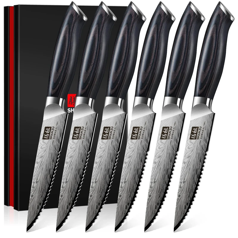 SHAN ZU Japanese Steak Knives Set of 6 - High Carbon Powder Steel 63 HRC, Razor Sharp 12° Blade Professional Kitchen Knives with Ergonomic Pakkawood Handle for Meat & BBQ