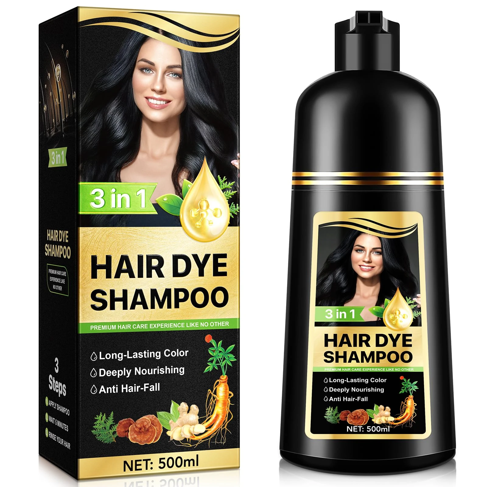 Black Hair Dye Shampoo 3 in 1, Hair Color Shampoo for Gray Hair Coverage,Natural Dye Semi Permanent Color for Women and Men, 500ML (Black)