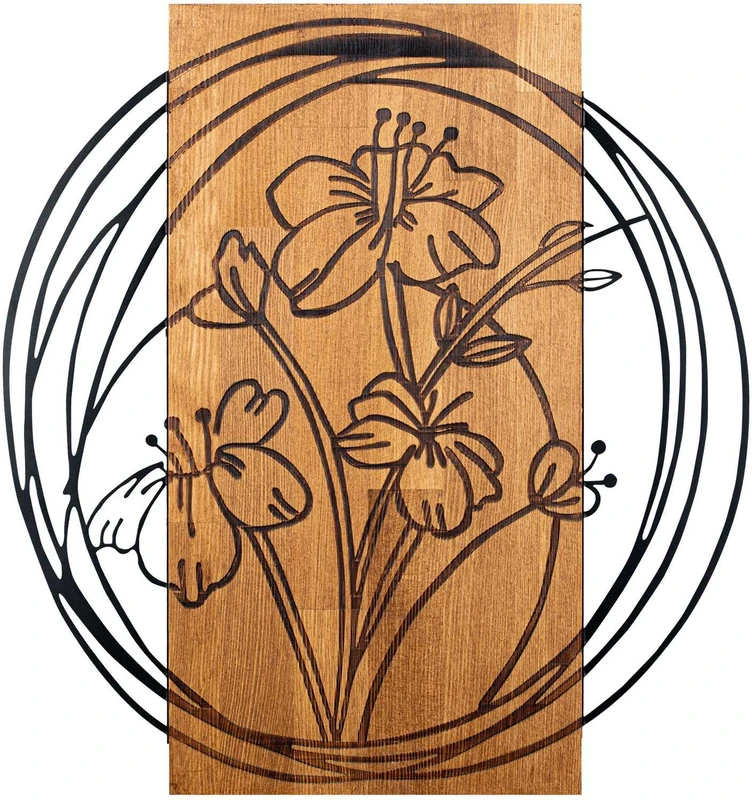 Elegant Decorative Wooden Wall Accessory, Black & Walnut, 55 x 57.5 cm, 100% Metal Frame (1.2 mm) & Solid Wood (3 cm), Perfect for Modern Decor