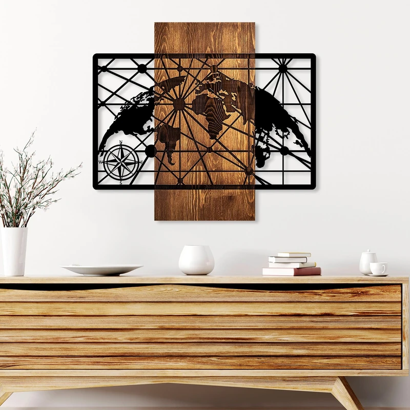 Elegant Decorative Wooden Wall Accessory, 57 x 64 cm, 100% Real Wood (3 cm) & Metal (1.5 mm), Unique Walnut & Black Finish, Perfect for Home Decor - Image 1