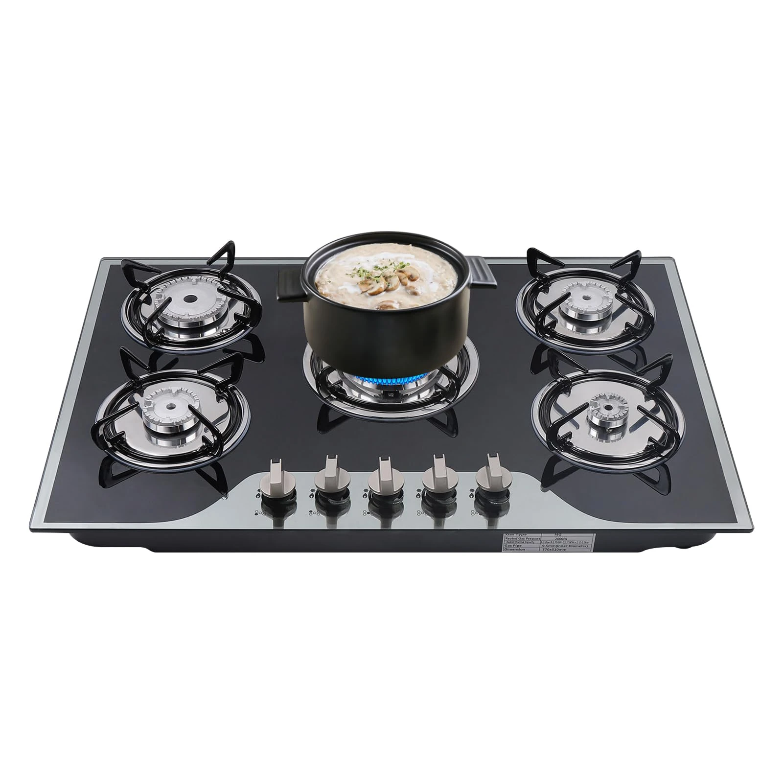 5 Burner Gas Stove, Built-in Gas Cooktop, Iron Hob Cooker Lpg Ng Cooktop + Stainless Steel Water Tray Kitchen, with Flame Out Protection, for a wide variety of kitchen cooks