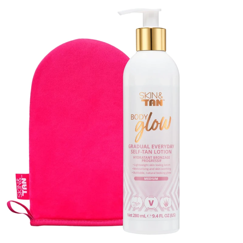 Skinny Tan Body Glow Moisturising Gradual Tan Lotion - Fake Tan Moisturiser, Cruelty-Free, Paraben Free & Vegan Tanning Moisturiser, Body Lotion with Coconut & Vanilla Aroma, 280ml Plus Mitt Bundle.