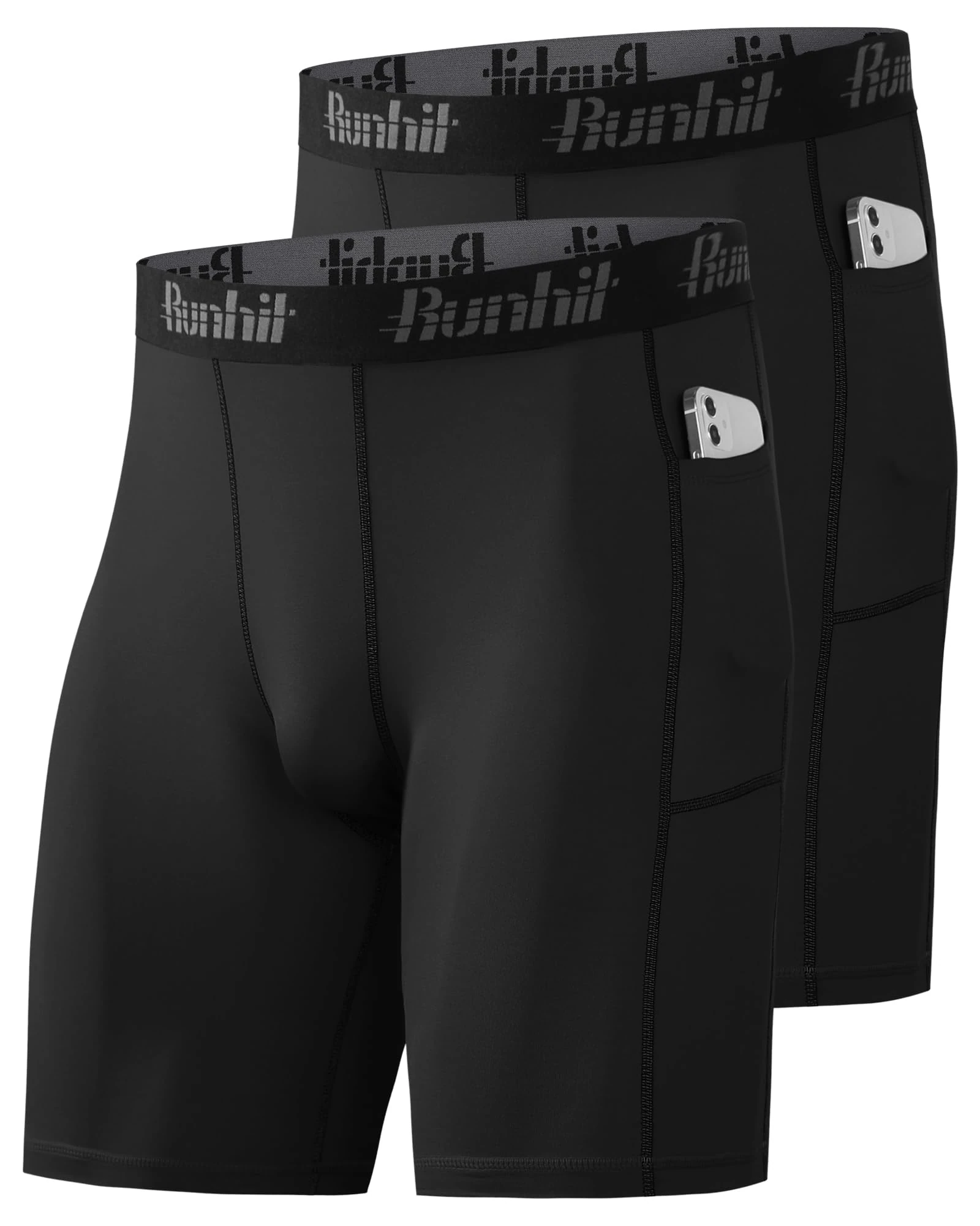 Runhit Compression Shorts Men, 1 or 2 Pack Anti Chafing Moisture Wicking Underwear Base Layer Shorts Quick Dry Spandex Sport Undershorts with Phone Pockets for Running Cycling Gym Workout Black*2 XL