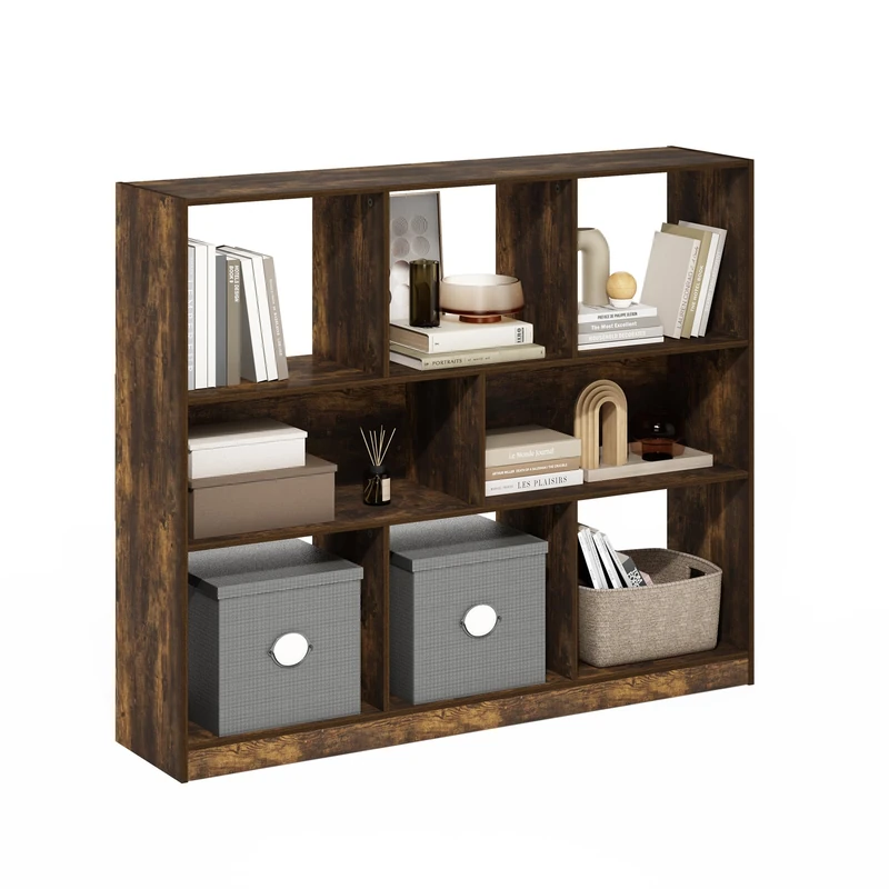 Furinno DALY Book Shelf, 8-Cube Bookshelf, Horizontal Cube Storage Organizer Bookcasde, 10.9 x 47.2 x 39.4, for Living Room, Bedroom, Home Office, Amber Pine
