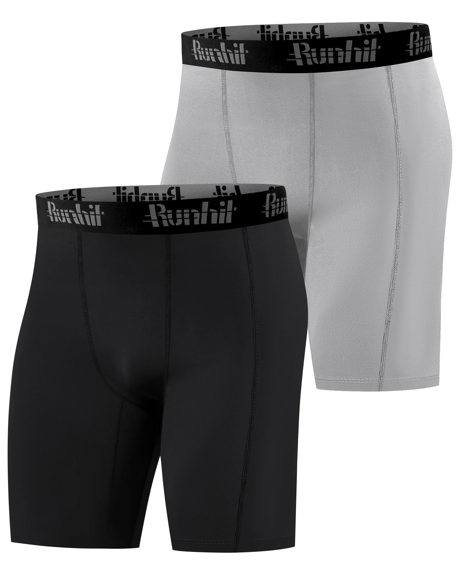 Runhit Mens Compression Shorts, 1 or 2 Pack Moisture Wicking Anti Chafing Spandex Underwear Base Layer Shorts Quick Dry Sport Tights for Cycling Running Gym Black/Grey L